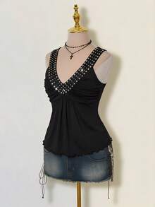 SHEIN ICON 复古休闲亮片吊带深V领女式背心 - 黑色 - 查看 4