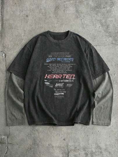 AXEPEAK 男士针织休闲宽松字母图案拼色都市长袖T恤，英文图案印花拼接设计，开学季，夏季