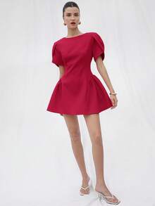 BELROSIE Italian Style Tulip 3D Short Sleeve Round Neck Peplum Hem Split Skirt Women Short Princess Dress - Red - View 6
