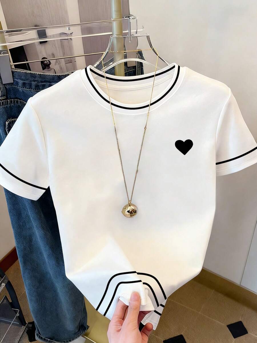 Resyla 女士常规版型T恤，简约爱心印花设计，休闲百搭风格，适合日常穿着 - 彩色 - 查看 1