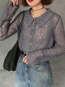 FRIFUL Women's Lace Long Sleeve Single-Breasted Fashion Top Fall - Dark Grey - View 6