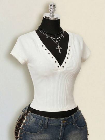SHEIN ICON Sexy Casual Metal Eye Decor Deep V-Neck Women T-Shirt Womens V-Neck Tops Womens Short Sleeve Tops Womens Fitted Tops