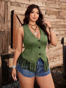 Ceyna Casual Elegant Minimalist American Country Style V-Neck Fringed Vest, Khaki/Coffee Color, Plus Size For Women - Green - View 5
