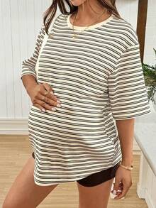 SHEIN Áo thun ngắn tay cổ tròn kẻ sọc dáng casual dành cho bà bầu, thích hợp mặc mùa hè. - Nhiều màu - Xem 6