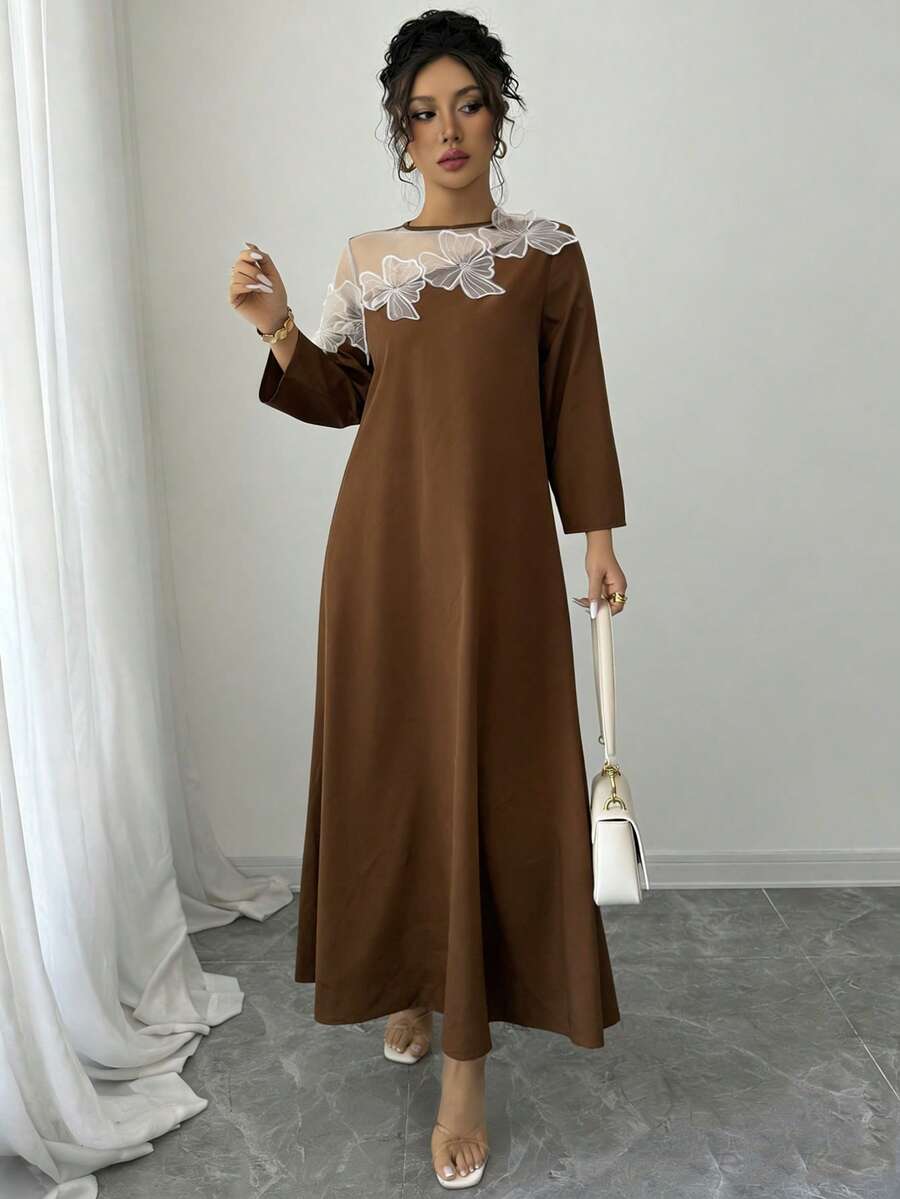 Rafferiza Đầm dài tay lưới họa tiết hoa 3D dành cho nữ - màu nâu - Xem 1