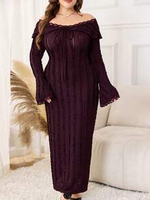 Modelyn Plus Size Women's Off-Shoulder Ruffle Long Sleeve Fitted Lace Patchwork Elegant Dress - Red Violet - View 5