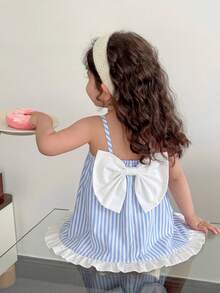 SHEIN LMoss Kids Baby Girl Casual Cute Summer Pink Striped Bow Strap Dress - Blue - View 1