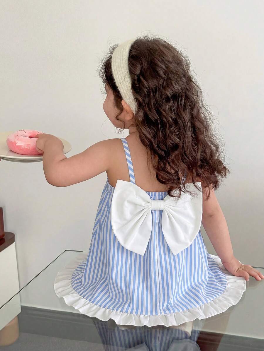 SHEIN LMoss Kids Baby Girl Casual Cute Summer Pink Striped Bow Strap Dress - Blue - View 1