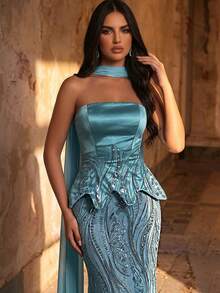 Aureia 优雅奢华的串珠、亮片和刺绣弹力缎面美人鱼裙摆无肩带连衣裙，配有可拆卸挂脖，适合婚礼、活动、派对、度假、盛会、正式场合（装饰繁复） - 藍色 - 查看 5