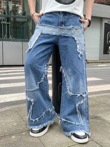 SHEIN 青少年男孩 Y2K 星星拼接流蘇寬鬆寬腿牛仔褲，返校季 Grunge 風格夏季日常穿著，畢業季龐克街頭風服飾 - 中等水洗藍 - 查看 3