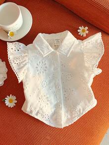 SHEIN 女宝宝可爱夏季度假白色花卉刺绣领短袖衬衫 - 白色 - 查看 3