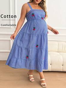 Plussiva Plus Size Maternity Plus-Size Blue Striped Cotton Vacation-Style Maternity Dress, Sweet And Lovely Cherry Design. Plaid Print Ruffle Hem Cami Dress Women Casual Dresses Women's Summer Dresses Women Sundresses Women Sun Dress Women's Dress Cotton Dresses Maternity Summer Dress Pregnancy Photoshoot Dress Maternity Clothes Summer Dresses Gingham Maternity Dress Cherry Print Maternity Dress Picnic Dress For Women Summer Maxi Dress Brunch Dresses For Women Resort Dresses For Women Zanea Dress For Woman - Blue - View 5