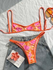Swim Mod Set bikini con stampa a conchiglia, casual e sexy, per vacanze al mare, nuovo costume da bagno estivo da donna, costume da bagno retrò per donna - Multicolore - Visualizzare 1