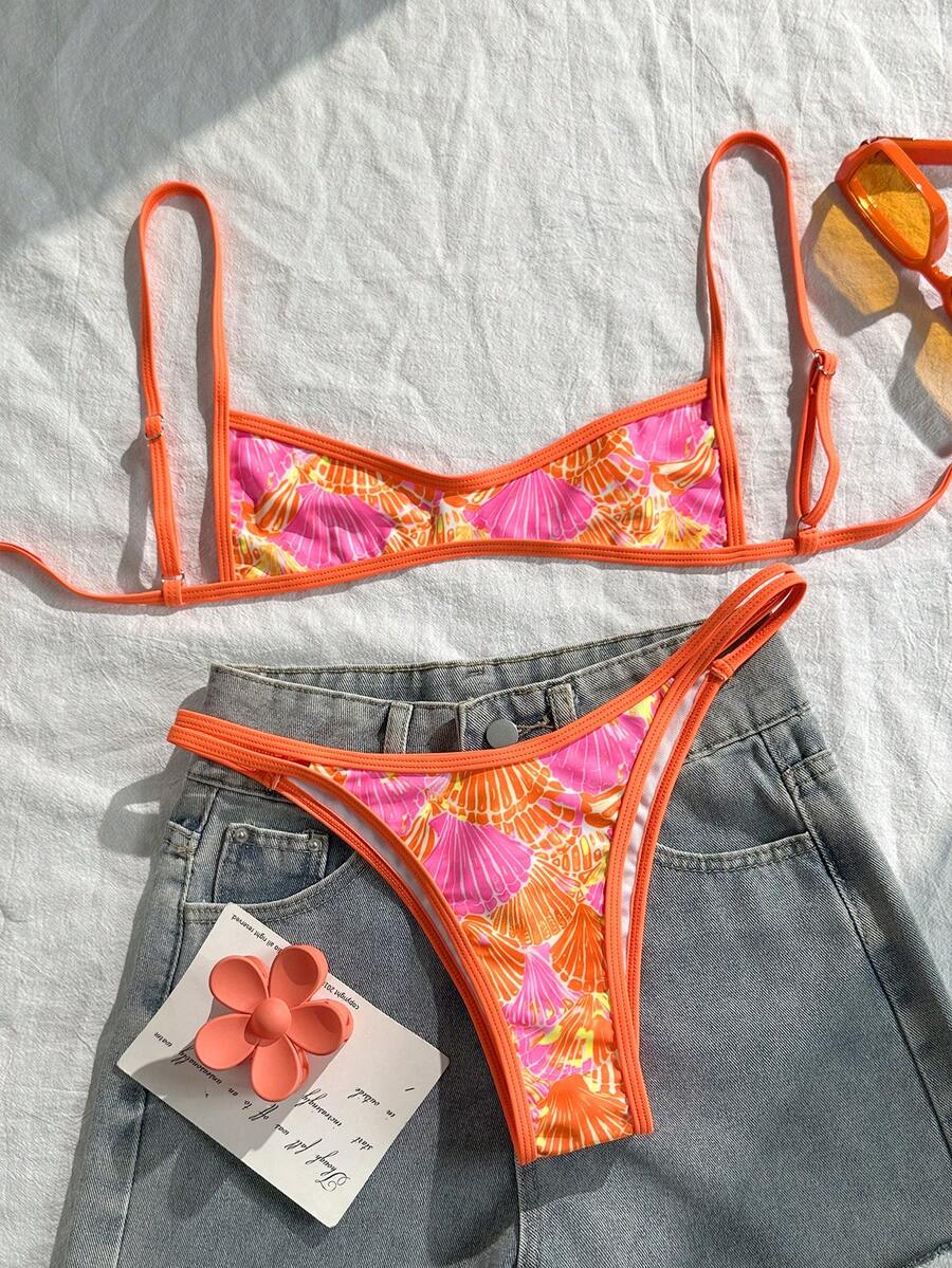 Swim Mod Set bikini con stampa a conchiglia, casual e sexy, per vacanze al mare, nuovo costume da bagno estivo da donna, costume da bagno retrò per donna - Multicolore - Visualizzare 1