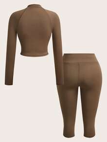 Slaydiva 早春新款，春夏音乐节，情人节，复活节休闲风，简约基础款，Y2K街头甜美风，畅销款，日常约会，辣妹风，性感，运动时尚风，小立领，半开襟，拉链款式，长袖上衣+紧身裤，七分裤，哈苏线装饰，灰棕色女士套装，两件套 -A - 咖啡棕 - 查看 2