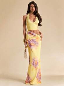 SHEIN BAE 纯黄色奶油色碎花深V领露背修身鱼尾连衣裙，优雅沙滩度假连衣裙，夏季连衣裙，黄色碎花连衣裙 - 淡黃色 - 查看 1