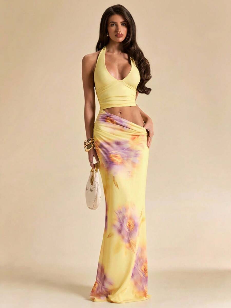 SHEIN BAE 纯黄色奶油色碎花深V领露背修身鱼尾连衣裙，优雅沙滩度假连衣裙，夏季连衣裙，黄色碎花连衣裙 - 淡黃色 - 查看 1