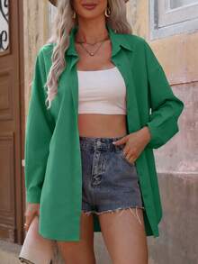 SHEIN Clasi Women's Solid Color Drop Shoulder Long Sleeve Single-Breasted Casual Shirt - Green - View 3