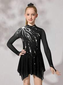 Tween Girls Figure Skating Dress, Black With Sparkly Floral Print, High Stretch Fitted Design, Smooth Flowing Mesh Skirt - Black - View 3