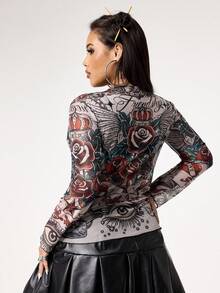 ROMWE Avant Spring/Summer Plus Size Retro Heart Rose Skull Flame Floral Print Mesh Tank Top - Multicolor - View 2