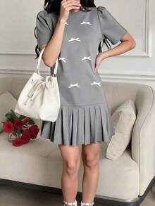 SHEIN Teen Girl Cute Ruffled Puff Sleeve Round Neck Dress With Bow Decor, Suitable For Outings And Gatherings, Spring/Summer - Dark Grey - View 5