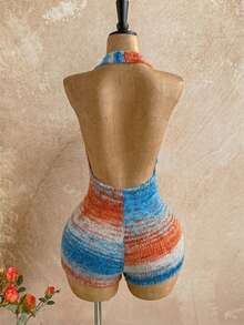 Soleia Bộ áo liền quần len không tay cổ yếm phối màu tương phản gợi cảm dành cho nữ - Màu xanh lam - Xem 2