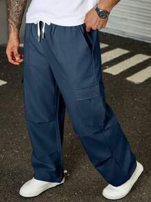 Manfinity Homme Plus Size Solid Color Slant Pocket Casual Everyday Cargo Pants - Navy Blue - View 4