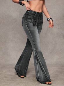 Jeanoix 女士Y2K时尚街头休闲通勤搭扣腰带毛边水洗喇叭牛仔裤 - 黑色 - 查看 6