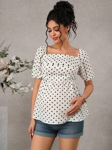 Momance Maternity Summer Retro Elegant Vacation Style Polka Dot Print Petal Sleeve Tie Back Babydoll Top - Beige - View 3