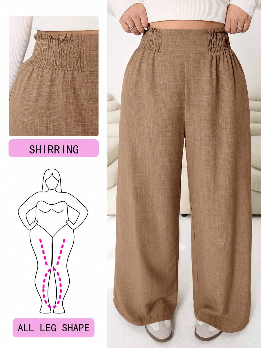 Solflare 2025秋冬新款休闲宽松亚麻质感阔腿裤，适合外出、日常穿着、聚会、通勤、返校、约会、居家、生日派对等多种场合，宽松弹力腰带，大码，米色 - 咖啡棕 - 查看 1
