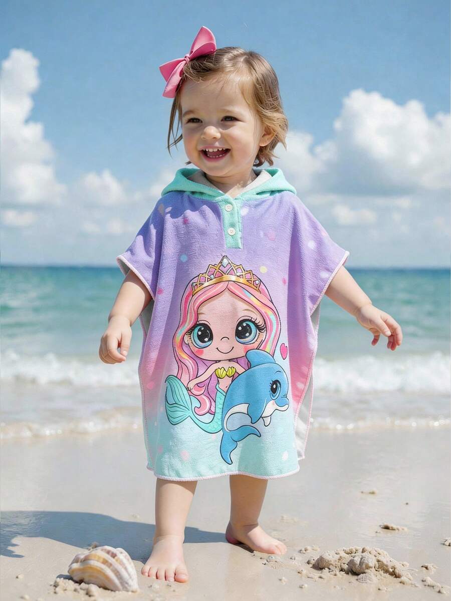 Baby Girls Beachwear Swimsuit & Cover-Up Set, Cute Gradient Color Mermaid Design Knitted Sleeveless Fashionable Elegant Swimwear, Suitable For Swimming, Summer Vacation, Beach, Pool, Holiday Party - Mauve Purple - View 1