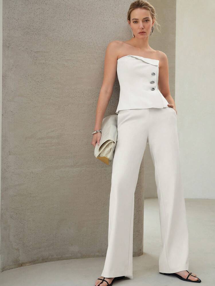 HIGH WAIST METAL DECOR STRAIGHT LOOSE PANTS