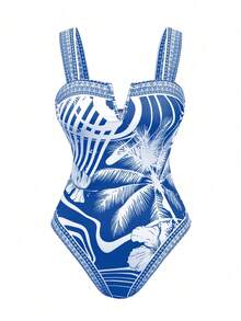 Swim Oasis Bộ 2 món/set, áo tắm liền thân in họa tiết mới năm 2026 dành cho nữ, kèm váy, đồ bơi thường ngày đi biển. - Màu xanh lam - Xem 3