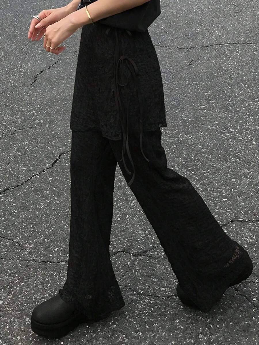 FRIFUL Women's Textured Fabric Detachable Ruffle Waist Tie Side Bow Casual Slim 2-Piece Set, Versatile For Autumn - Black - View 1