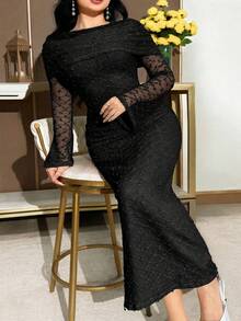 Modelyn Plus Size Elegant Solid Color Flare Sleeve Fitted Dress - Black - View 3