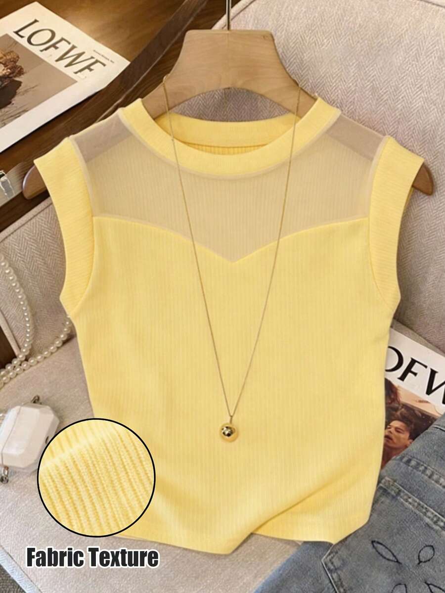 Franclia Áo thun ngắn tay cổ tròn, dáng ôm, tối giản, phối lưới, hàng mới về mùa hè của Niche - Màu vàng - Xem 1