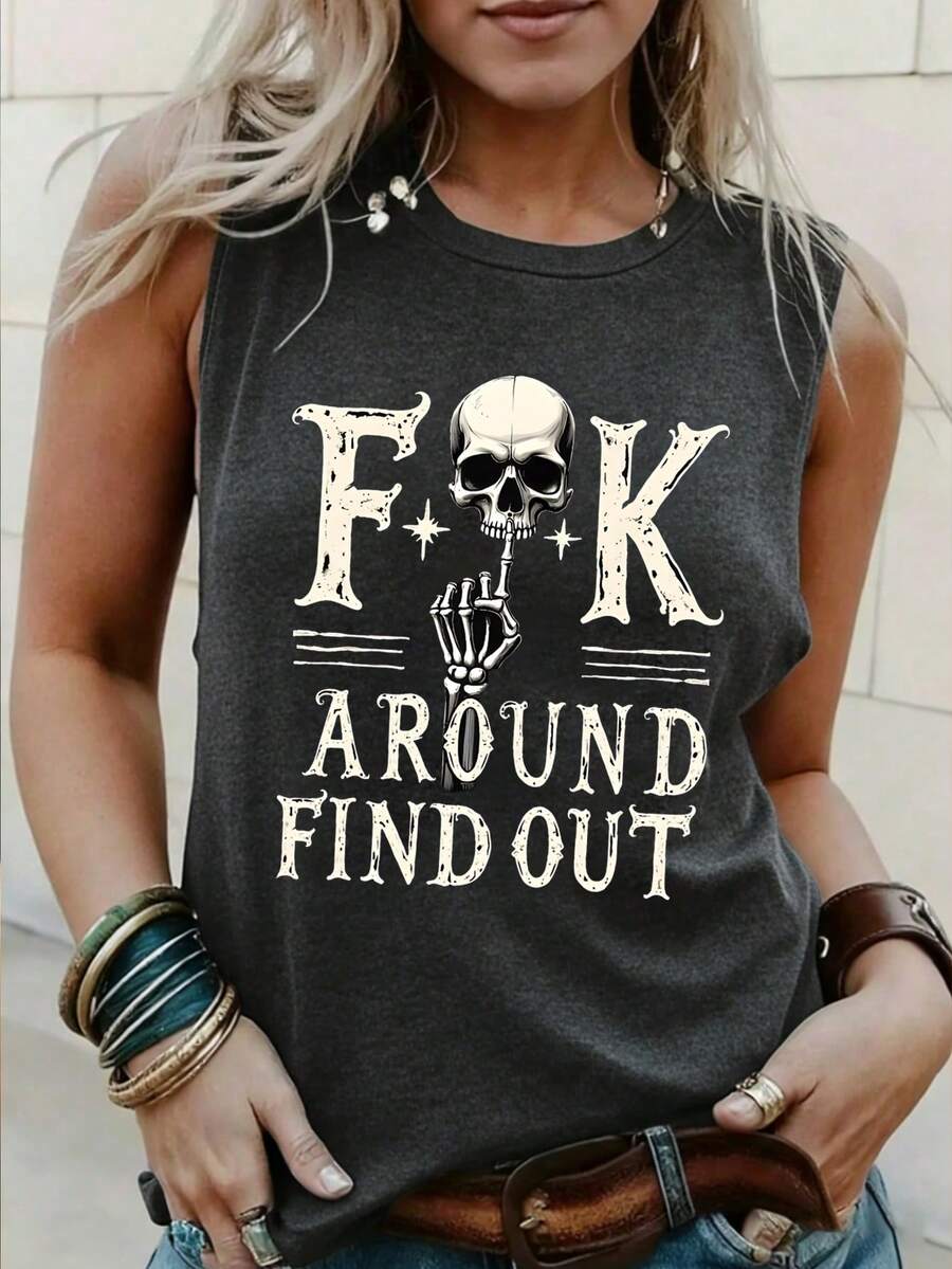 Women's Letter & Skull Print Casual Sleeveless Tank Top - Dark Grey - View 1