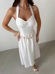 Firerie 女士优雅浪漫约会婚礼季连衣裙，白色露背A字连衣裙，饰以海洋图案面料，适合度假、海滩、日常休闲穿着。 - 白色 - 查看 6