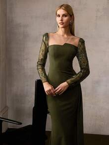 MOTF Soiréza ELEGANT OLIVE GREEN ROUND NECK LONG SLEEVE FLOOR-LENGTH PARTY DRESS FOR WOMEN, SPARKLY BEADED SHEER MESH SLEEVES, ASYMMETRIC DRAPED SIDE DETAIL - Army Green - View 7