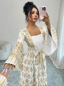 Rafferiza Vestido con estampado floral de manga acampanada con lámina de oro para mujer - Blanco - Ver 5