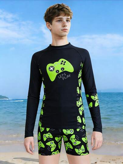 SHEIN Traje de baño informal de manga larga y cuello redondo con estampado para niño preadolescente