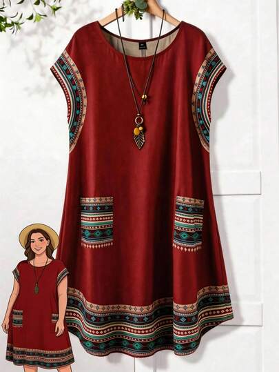 EMERY ROSE Vestido casual de bolsillo con cuello redondo a rayas y parches para mujer de talla grande