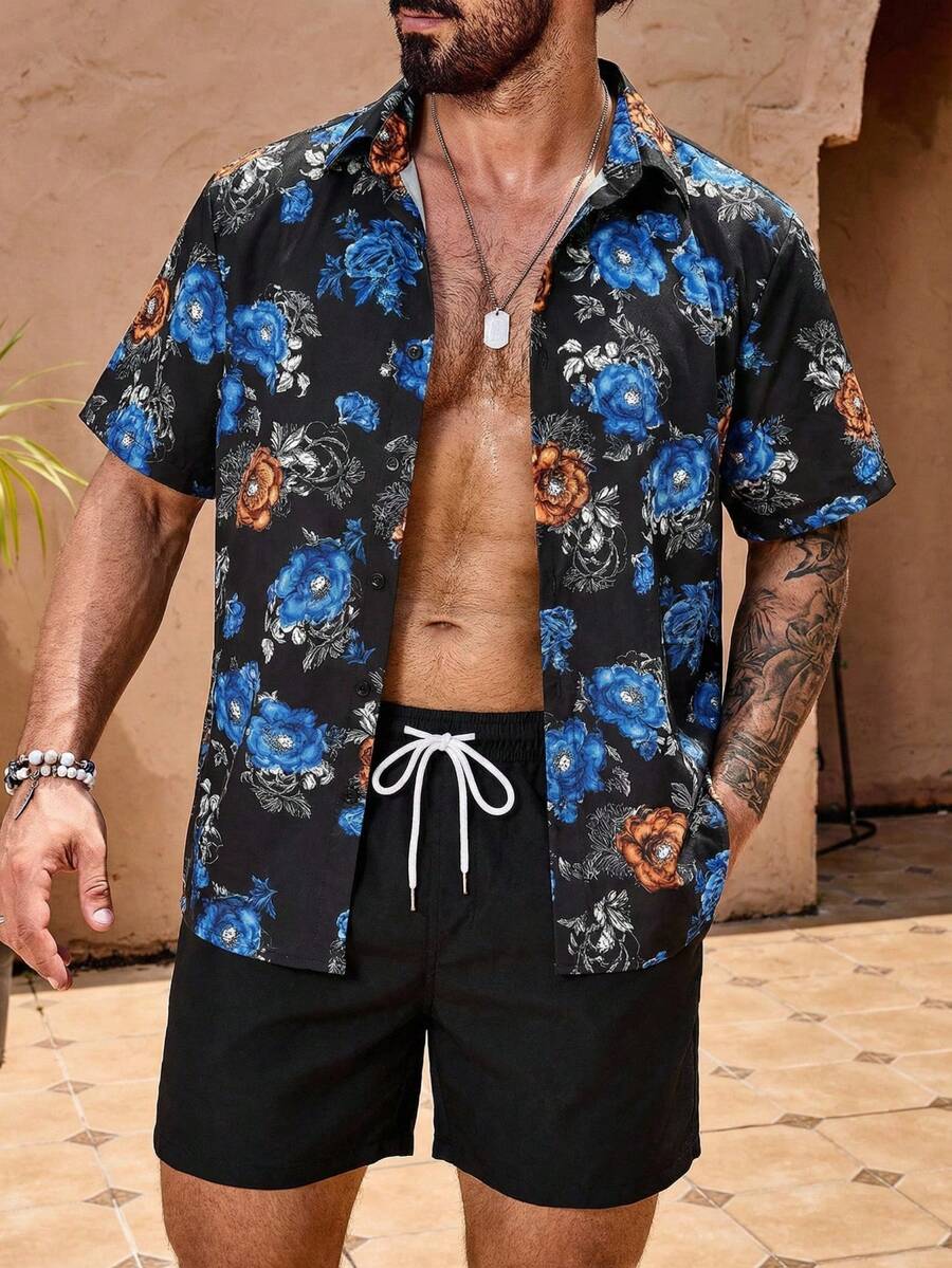 Manfinity Swimmode Floral Print Button Front Casual Shirt & Shorts Set Beach Shirt For Men Men Resort Wear Mens Hawaiian Shirt - Multicolor - View 1