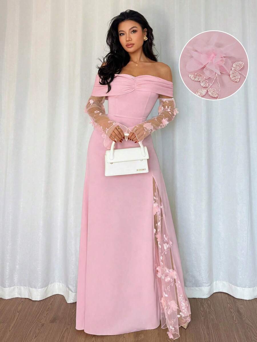 Rafferiza 女士时尚端庄露肩网纱拼接长袖垂褶连衣裙,适合派对和约会穿着 - 粉色 - 查看 1