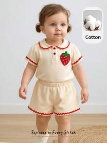 Cozy Pixies 2pcs Baby Girl Strawberry Peter Pan Collar Short Sleeve Snap Front Top And Elastic Waist Shorts Set Baby Girl Clothes Baby Clothes Strawberry Fruit Baby Clothes Baby Shorts And Shirt Sets,Kids - Beige - View 1