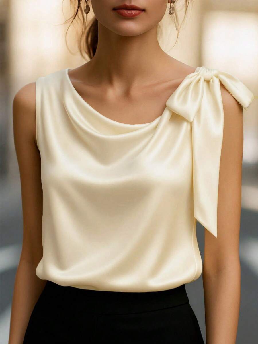 SHEIN Ärmellose Trägerhals Carmen-Ausschnitt einfarbige H-förmige Satinweste in reiner Aprikosenfarbe für Frauen, geeignet für Sommertops. Frühlingskostüme für Frauen, Osterkostüme für Frauen, Festivaloutfits für Frauen, Partytops, elegante Tops, Strandoutfits für Frauen, Hochzeiten, lässige Tops für Frauen, Urlaubsoutfits für Frauen. Geeignet für alle vier Jahreszeiten, auch geeignet für Dates, Pendleroutfits für Frauen, Bürooutfits für Frauen, Country-Musikkonzerte, Büros und andere Anlässe. Vielseitig und modisch, lässig und elegant, Charme und Anmut zeigend. Auch geeignet für Strand- und Meerwasserkleidung. Schleifentops für Frauen, seidene Tops für Frauen, elegante Tops für Frauen, Tops für Frauen, elegant, klassisch - Aprikosenfarben - Übersicht 1