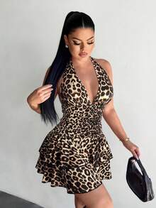 SHEIN SXY Đầm nữ gợi cảm họa tiết da báo cổ yếm xếp nếp - Nhiều màu - Xem 4