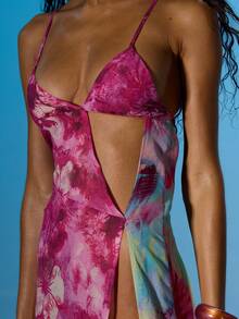 MUSERA 吊带V领镂空花朵装饰开衩印花雪纺长裙，夏季性感外出海滩度假伊比沙岛俱乐部热带风情 - 彩色 - 查看 2