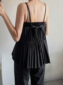 FRIFUL 女士纯色褶皱吊带背心和阔腿裤休闲两件套家居服套装，夏季女装 - 黑色 - 查看 2