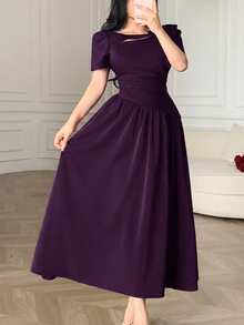 Feyla New Arrival French Style Hollow Collar Tie-Waist Pleated Elegant Dress - Purple - View 2